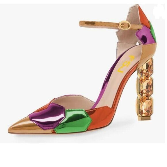FSJ Golden Shiny Crystal Heel Colorful Pointed Toe High Heel Ankle Strap Sandals - Picture 1 of 8